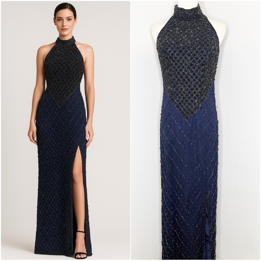 Vintage Lawrence Kazar Beaded Gown Womenās Small Navy Silk Mermaid Vibes